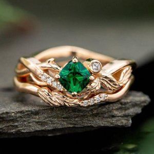 💕Emerald Green Stone Ring Rose Gold Plated Anelli Ring, GPMB1499
